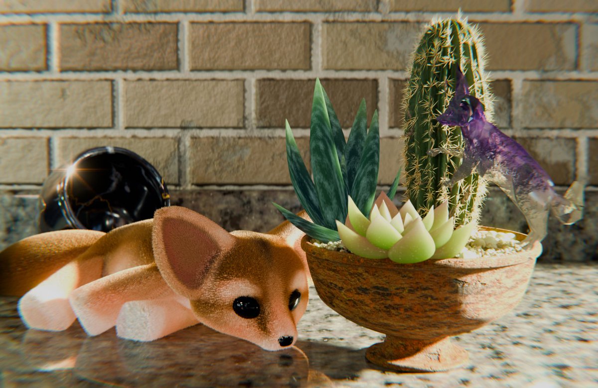 lttleghost's tweet photo. OH this is what I stopped in the middle of the donut tutorial to do, I made everything here! (and I did the plush fox in one day)
I didn't get to the compositing part of the tutorial at this point so here's another render I did after I learned that too https://t.co/Yu0aOYInKT