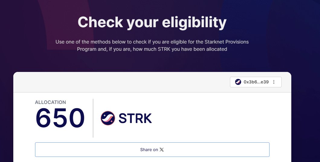 Thegolsat's tweet photo. Holy moly

Starknet Provision just came my way! 😎

I am eligible for STRK!

Getting ready to claim 👨‍💻👩‍💻
You might be eligible, too!
 https://t.co/qrefwhq75j #Starknet https://t.co/FXg5vPmsxQ