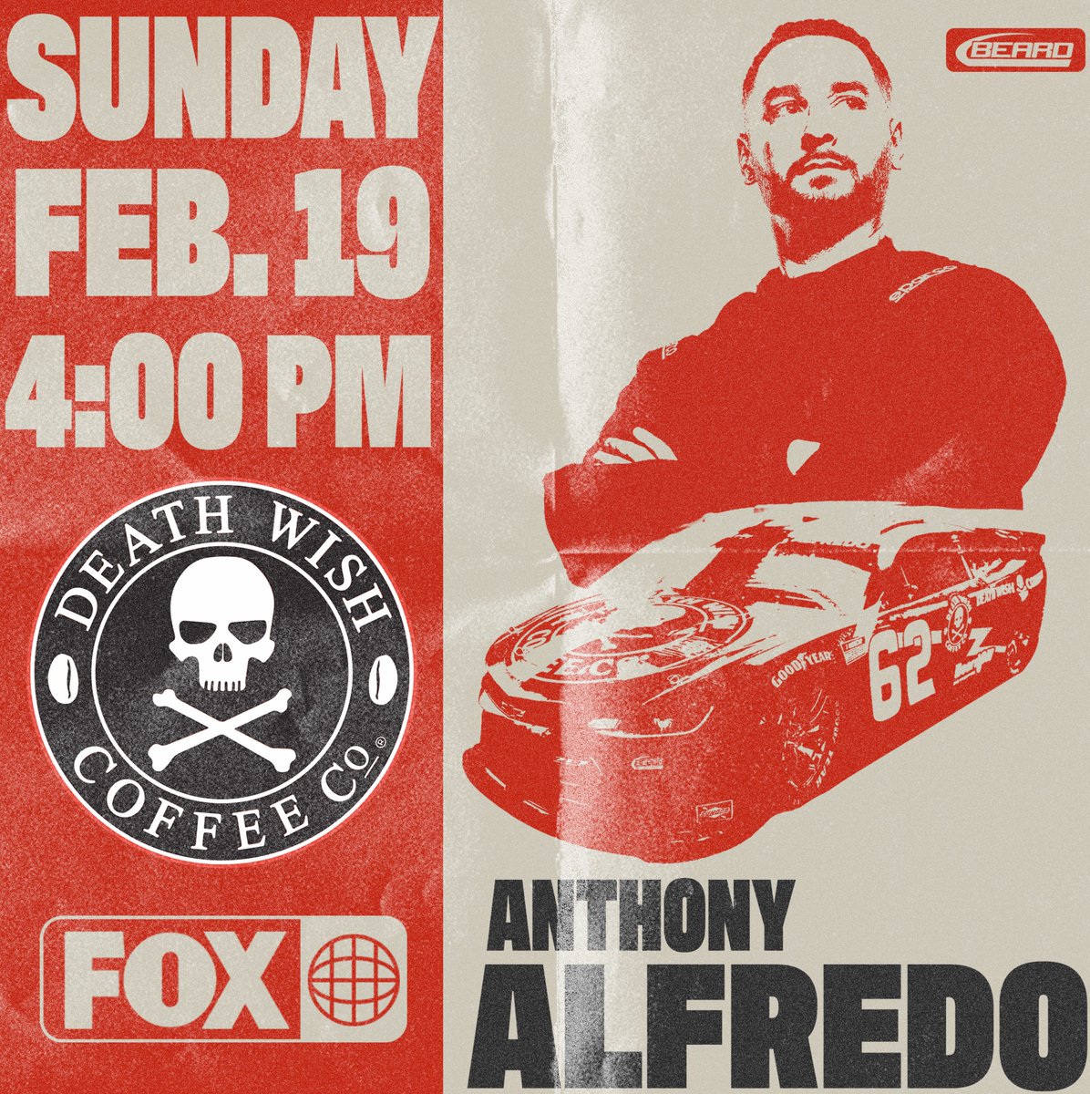 Let's go racing. 😎 Tune in at 4pm ET on FOX to cheer on @AnthonyAlfredo in the No. 62 @DeathWishCoffee Chevy in the #Daytona500. #NASCAR