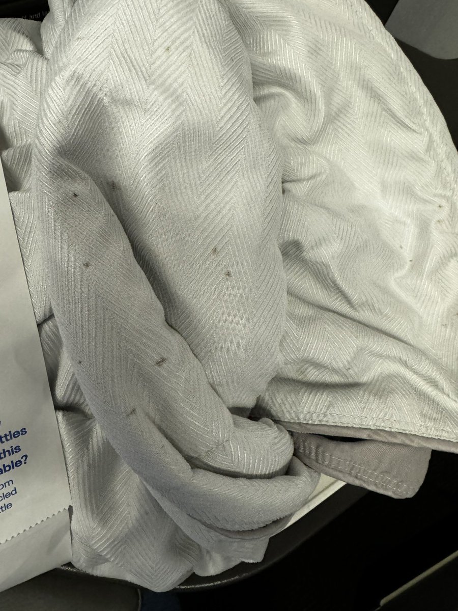 KeechScott's tweet photo. @united a dirty blanket greeted me on my Polaris flight SFO to Newark. So gross. #DoBetter #dirtyplane #polaris https://t.co/1NZmv71o0L