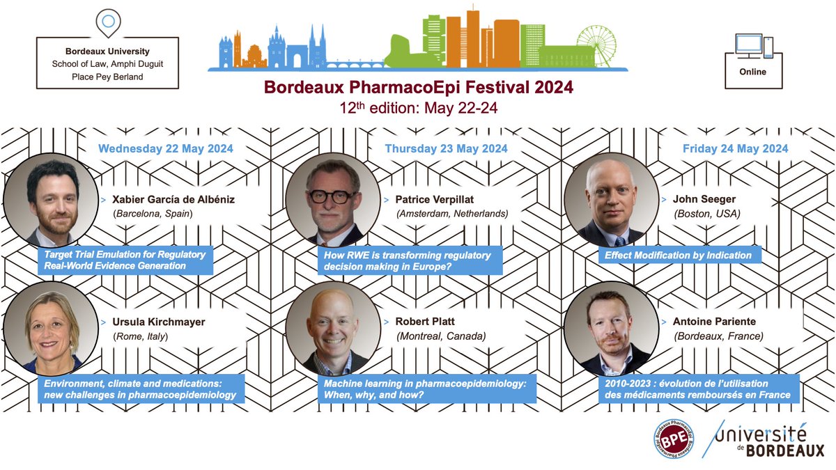 Bordeaux PharmacoEpi (@bxpharmacoepi) on Twitter photo 📅 Save the date!
The Bordeaux PharmacoEpi platform is pleased to announce the next edition of the Bordeaux PharmacoEpi Festival from May 22 to May 24, 2024!
ℹ Visit the BPE Festival website: bordeauxpharmacoepi.eu/bpe-festival/
✅ Register online: …l-registration.bordeauxpharmacoepi.eu/registration/2… 📅 Save the date!
The Bordeaux PharmacoEpi platform is pleased to announce the next edition of the Bordeaux PharmacoEpi Festival from May 22 to May 24, 2024!
ℹ Visit the BPE Festival website: bordeauxpharmacoepi.eu/bpe-festival/
✅ Register online: …l-registration.bordeauxpharmacoepi.eu/registration/2…