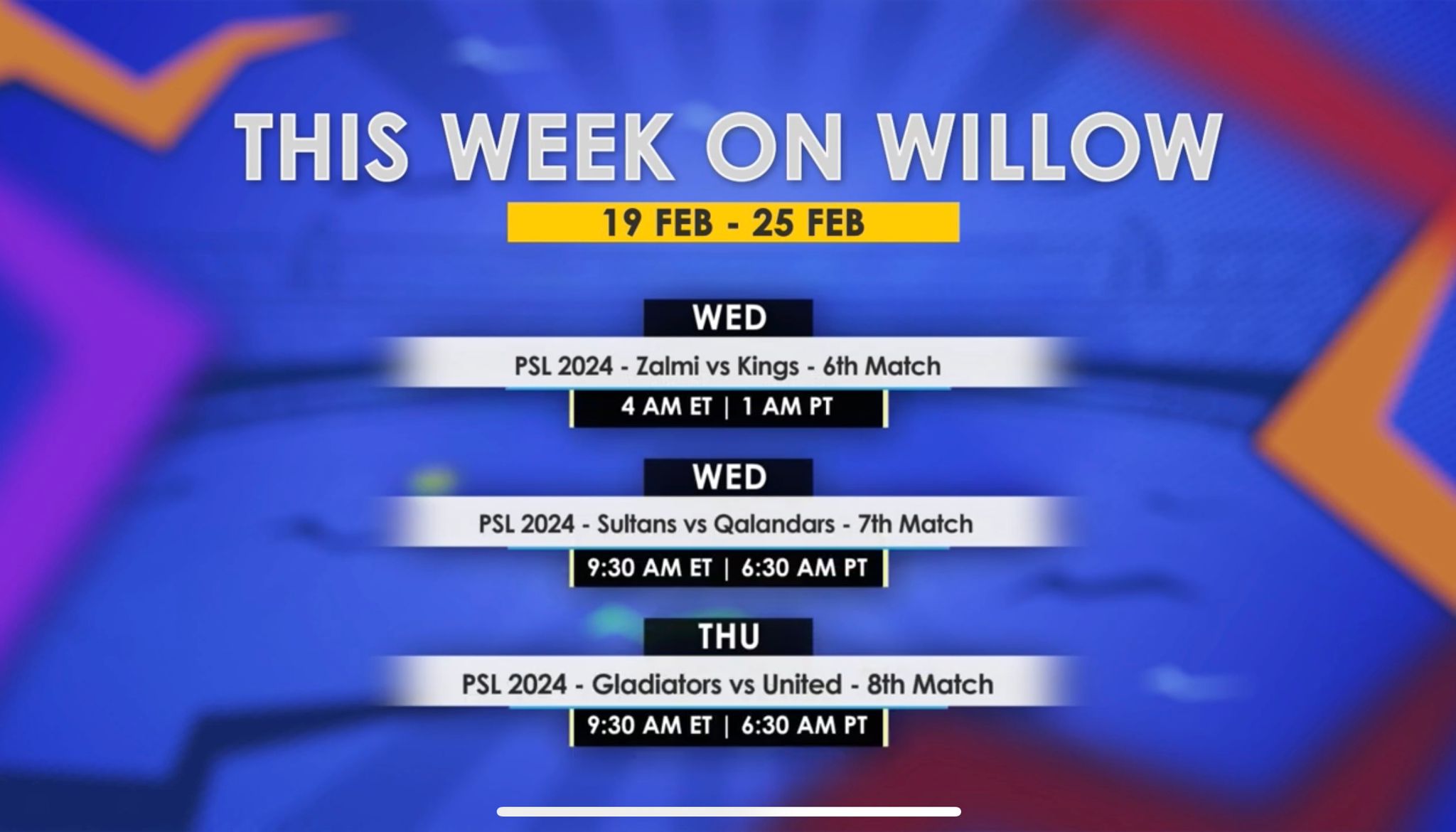 Willow TV US on X Check out the action we ve got coming up for you this week BPL PSL INDvENG https t h4KHz60SuS X