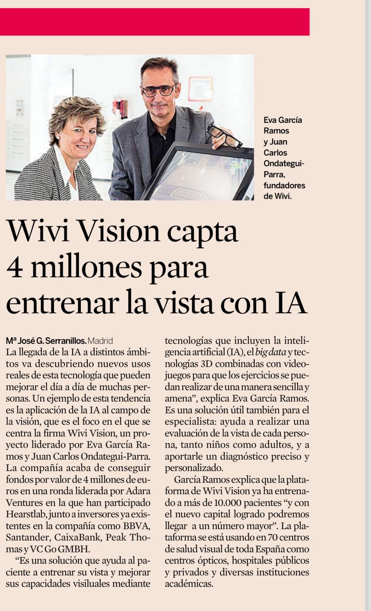 WIVI vision (@wivivision) on Twitter photo Gracias a <a href="/exp_startup/">Expansión Start Up</a> por publicar esta ronda de financiación que representa la confianza y el respaldo a nuestra compañía
En especial, queremos agradecer el apoyo de <a href="/AdaraVentures/">Adara Ventures</a> , <a href="/HearstLab/">HearstLab</a>, <a href="/avancsa/">Avançsa</a>, @CaixaBank DayOne, <a href="/BBVASpark/">BBVA Spark</a>, <a href="/bancosantander/">Santander</a>, #PeackThomas y #VCGoGmbb Gracias a <a href="/exp_startup/">Expansión Start Up</a> por publicar esta ronda de financiación que representa la confianza y el respaldo a nuestra compañía
En especial, queremos agradecer el apoyo de <a href="/AdaraVentures/">Adara Ventures</a> , <a href="/HearstLab/">HearstLab</a>, <a href="/avancsa/">Avançsa</a>, @CaixaBank DayOne, <a href="/BBVASpark/">BBVA Spark</a>, <a href="/bancosantander/">Santander</a>, #PeackThomas y #VCGoGmbb