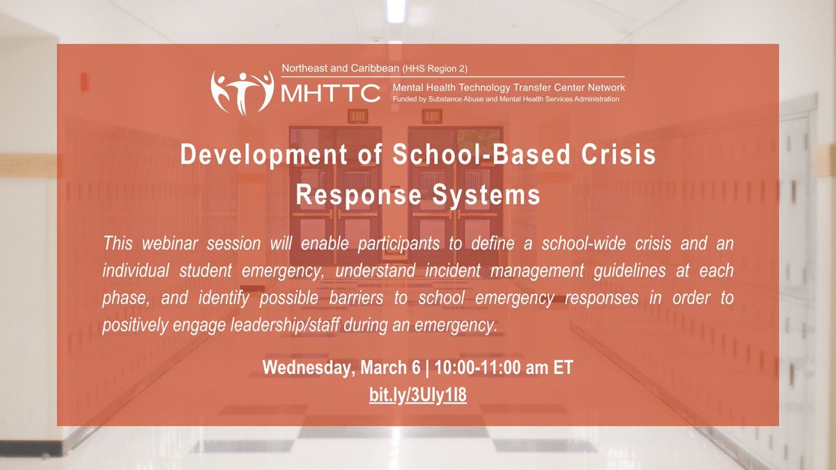 New webinar!

Development of School-Based Crisis Response Systems
🗓️ Wednesday, March 6
⏰ 10:00-11:00 am ET

🌟 Space is limited!

Register now: buff.ly/3SJcgFE