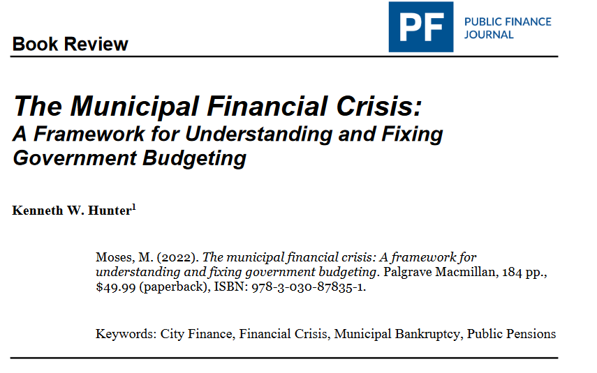 Public Finance Journal is very excited to start sharing articles appearing in the FIRST issue! Kenneth Hunter wrote a thoughtful review of <a href="/MuniFinanceGuy/">Mark Moses</a>'s "The Municipal Financial Crisis"! Give it a read! doi.org/10.59469/pfj.2… <a href="/nclgba/">NC Local Govt Budget</a> <a href="/GFOA/">GFOA</a>