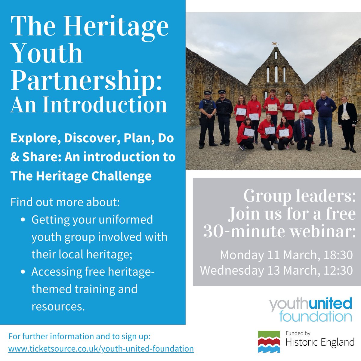 The Heritage Youth Partnership, funded by Historic England, will give young people from uniformed youth groups opportunities to undertake youth-led social action projects relating to their heritage. If you're a group leader, sign up for 1 of our webinars: ticketsource.co.uk/youth-united-f…