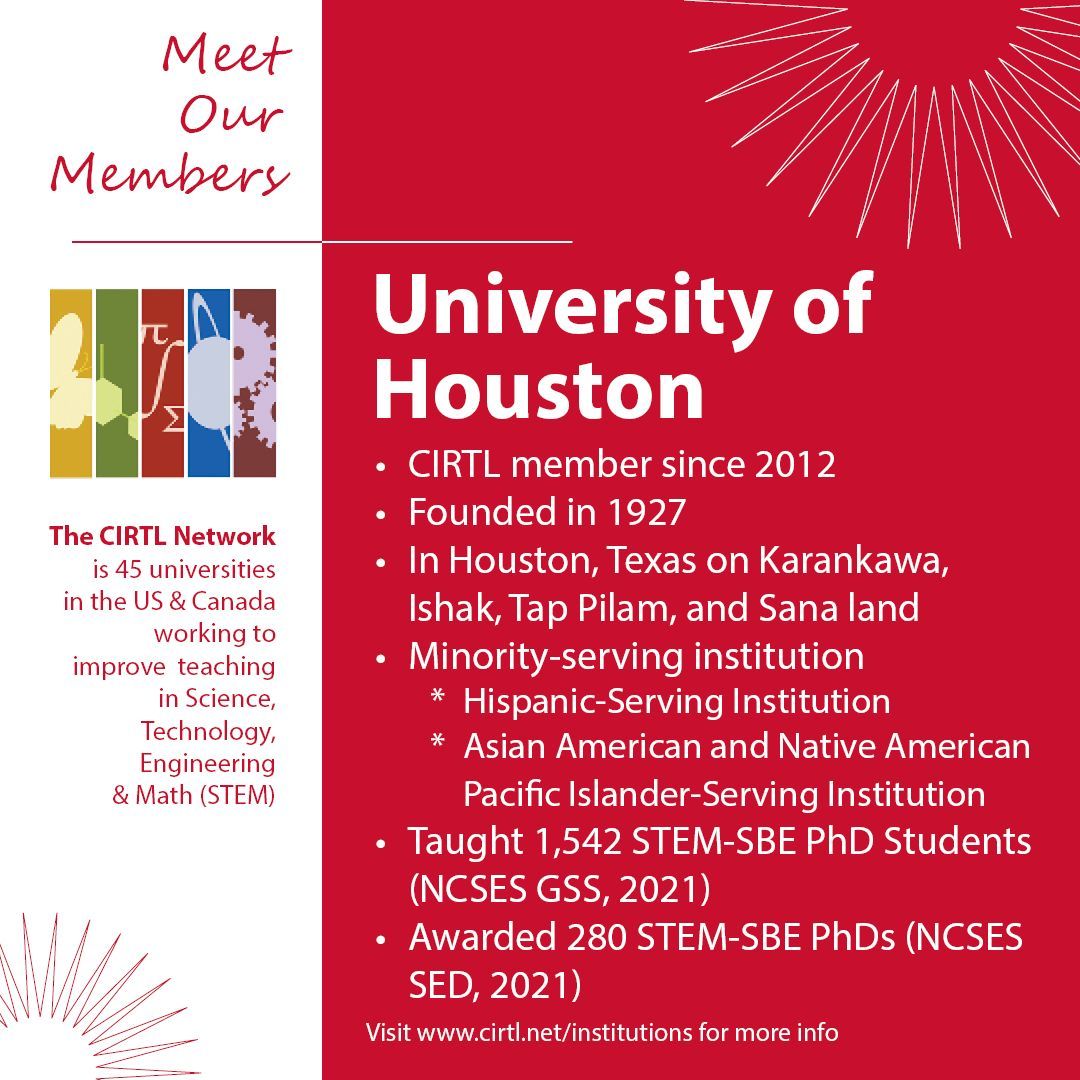 CIRTL Network (@cirtlnetwork) on Twitter photo This week's member in the spotlight is <a href="/UHouston/">University of Houston</a>, a CIRTL member since 2012. Housed in <a href="/UHGradSchool/">UHGradSchool</a>, CIRTL@UH connects the university's 1500+ STEM/SBE PhD students to our national teaching and professional development work. Read more about CIRTL@UH at buff.ly/3wovOay This week's member in the spotlight is <a href="/UHouston/">University of Houston</a>, a CIRTL member since 2012. Housed in <a href="/UHGradSchool/">UHGradSchool</a>, CIRTL@UH connects the university's 1500+ STEM/SBE PhD students to our national teaching and professional development work. Read more about CIRTL@UH at buff.ly/3wovOay