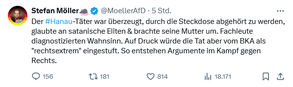 #Rechtsextreme versuchen notorisch, ihre Ideologie vom Makel des Verbrechens zu befreien: indem sie die NS-Verbrechen kleinreden ("Vogelschiss") oder behaupten, die Nazis seien Linke gewesen - oder, wie hier, indem sie den rechtsextremen Kontext der Morde von #Hanau leugnen.