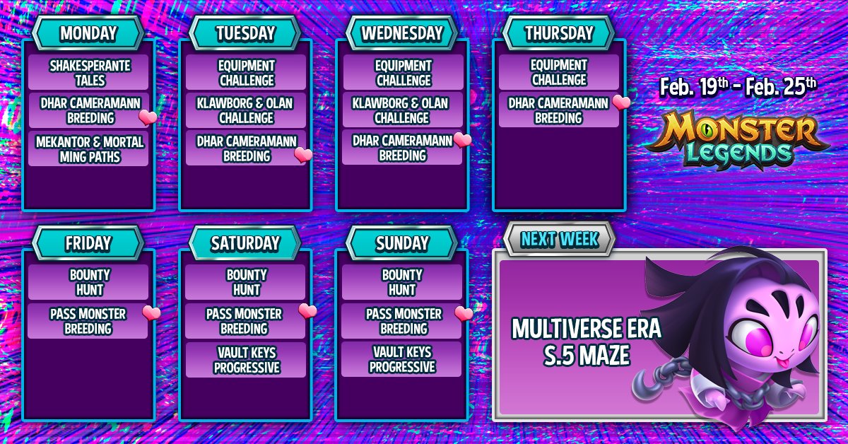 Monster_Legends's tweet photo. Happy Monday, Monster Masters! Let's start this week on the right foot with our favorite Monday tradition - our weekly calendar! 📆  Are you excited for this Friday's Bounty Hunt? ❤️‍🔥 https://t.co/GiNHpzST4t