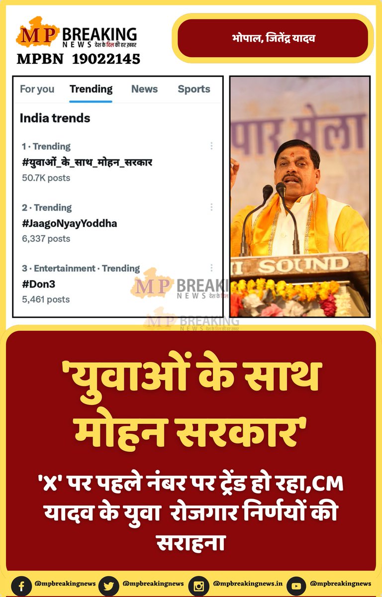 'X' पर पहले नंबर पर ट्रेंड हो रहा, CM यादव के युवा  रोजगार निर्णयों की सराहना
<a href="/DrMohanYadav51/">Dr Mohan Yadav</a> <a href="/JansamparkMP/">Jansampark MP</a>
<a href="/CMMadhyaPradesh/">Chief Minister, MP</a> <a href="/BJP4MP/">BJP Madhya Pradesh</a>
#युवाओं_के_साथ_मोहन_सरकार #mohanyadav #yadav