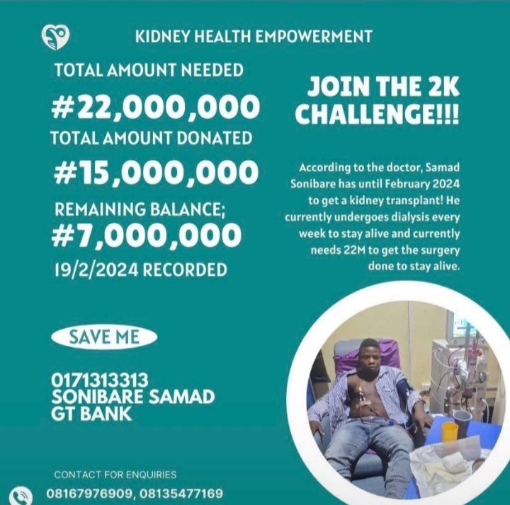 wura_made_it's tweet photo. Help SAMAD Get A Kidney Transplant.
Please consider donating and sharing this campaign with your friends, family, and social networks. Your kindness will make a world of difference.
Account Details: 0171313313
Sonibare Samad
Gtb
Gofundme: https://t.co/JDMw1nGB61
#savesamad https://t.co/JVfFZdIwjB