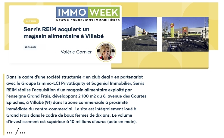 SerrisReim's tweet photo. 🟨@immoweek : @SerrisReim acquiert un magasin alimentaire à📍#Villabé d'une superficie de 2.100 M².
 Par @VG_Immoweek 🖊️
Dans le cadre d’un «  club deal » en partenariat avec @IZIMMO_ -#LCIPrivatEquity et @SOGENIALIMMO... 
👉https://t.co/LVvOkj3R4F https://t.co/9jCz6GEHCz