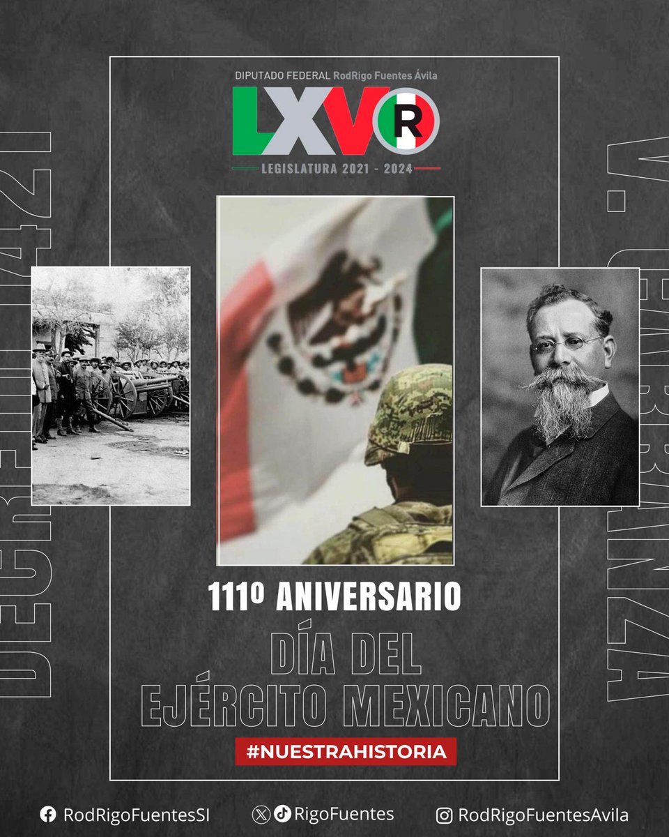 Hoy se conmemoran 111 años del Ejército Mexicano, institución conformada por mujeres y hombres leales a México. Fue originado en Coahuila, gracias a la promulgación del Decreto 1421 en 1913, facultando a Venustiano Carranza para armar fuerzas y restituir el orden constitucional.