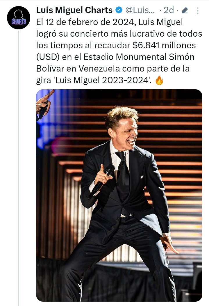 whitezuelans's tweet photo. El concierto de Luis Miguel en Caracas se convirtió en el show más lucrativo para él en sus más de 40 años de carrera.

Recaudando 6.8 millones de dólares en 1 hora y 40 minutos de espectáculo https://t.co/p3N8H2Z3fW
