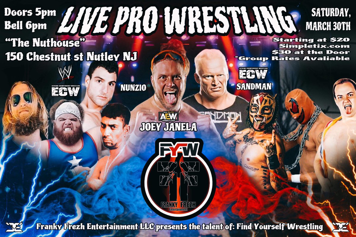 Saturday March 30 FYW Live Pro Wrestling Nutley NJ 5pm Doors 6pm Bell Bobby Knows Vs ECW HardCore Icon The Sandman Tickets- simpletix.com/e/fyw-pro-wres…?