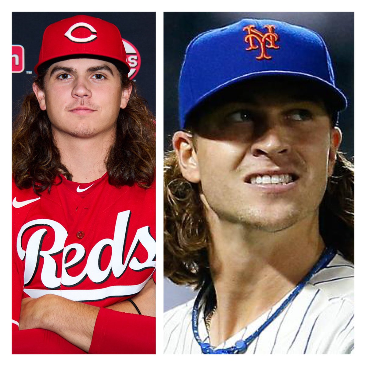JoeLincoln_'s tweet photo. Left: Rhett Lowder (2024)
- Reds 2023 1st round selection

Right: Jacob DeGrom (2014)
- 2x Cy Young Award Winner, 4x All-Star, 2014 NL ROTY

Middle ground: Phenomenal hair in their rookie seasons

Point: Lowder will be a stud and this is all the proof we need

#Reds #RedsST https://t.co/HsLpEZKXG2