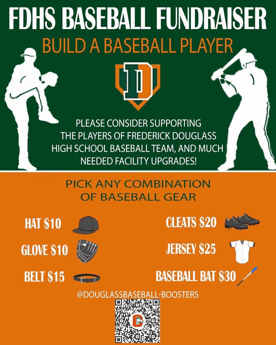 Please help support the Douglass Baseball program as we BUILD A BASEBALL PLAYER to support the <a href="/FDHSBaseball/">Frederick Douglass HS Baseball</a> players! You can donate directly to the Douglass Baseball Booster Club via our Venmo. Thanks for the support!⚾️🐎🟠🟢

VENMO

@DOUGLASSBASEBALL-BOOSTERS