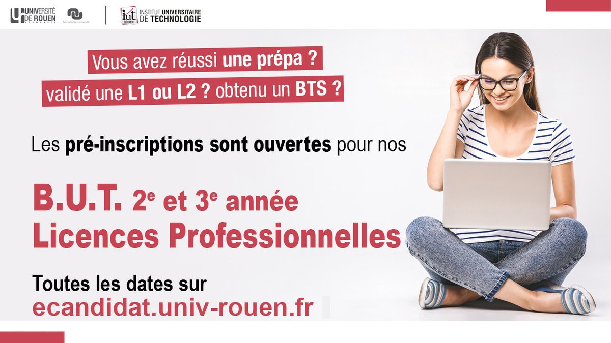 🗓️ Les pré-inscriptions sont ouvertes !
Intégrez une de nos licences professionnelles, ou l'un de nos  B.U.T. directement en 2e ou 3e année via les passerelles.
➡️ iutrouen.univ-rouen.fr/nos-formations…
#osezliut