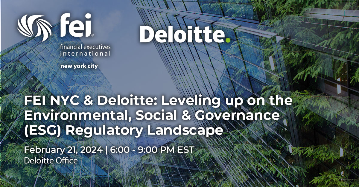 ❗️Don't miss our ESG Program with Deloitte this Wednesday, 2/21❗️

Join this in-depth discussion about today's ESG regulatory landscape to hear the latest updates about best practices and compliance trends.

Sign up now for this unique joint program ➡️ financialexecutives.org/Network/Chapte…