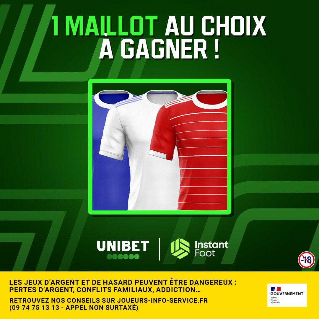 🚀 CONCOURS : Avec Unibet, on vous régale avec le maillot de l’équipe de votre choix à gagner ! 👕🎁 🤩 Pour participer, RT ce tweet et follow @lnstantFoot & @UnibetFrance ! 📆 Tirage au sort ce vendredi ! 🍀 Bonne chance à tous 🍀