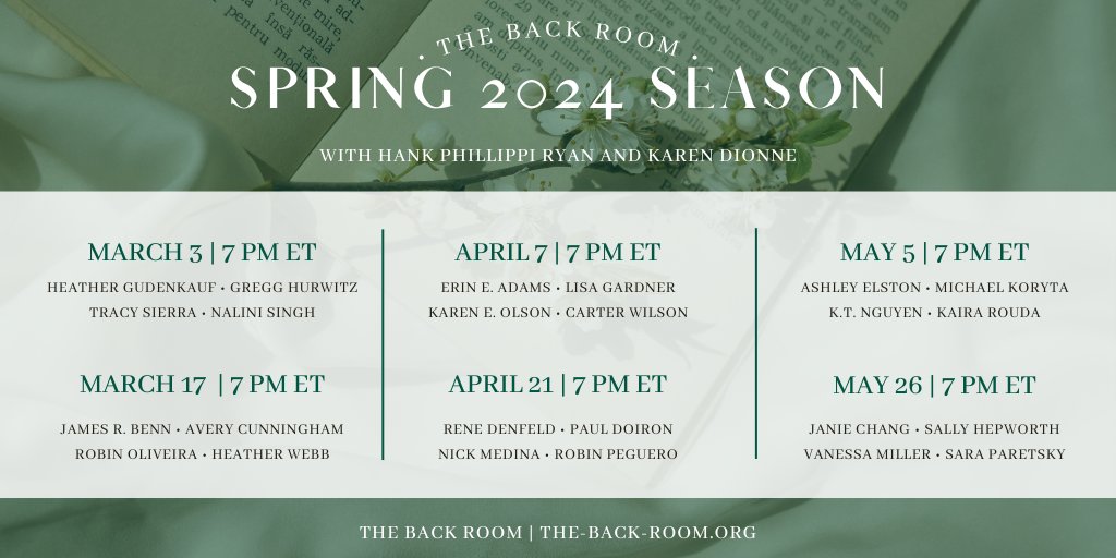 Announcing Spring Season at The Back Room! @hankpryan and @karendionne have put together a fantastic lineup of best selling and debut authors for you to meet in our unique, intimate online #authorevents. Registration is now open on so sign up today! the-back-room.org