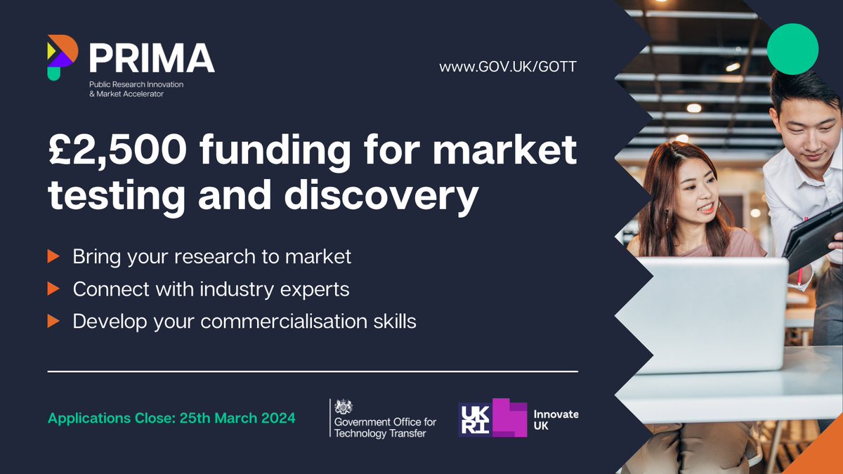 Government Office for Technology Transfer (@ukgovgott) on Twitter photo Secure your place on the PRIMA Programme!⚡
The leading online accelerator in partnership with <a href="/innovateuk/">Innovate UK</a> UK, to help you/teams rapidly test whether there is a market for your idea, product or service.
Find out more and apply today 👉thehelixway.com/gott-prima-pro… Secure your place on the PRIMA Programme!⚡
The leading online accelerator in partnership with <a href="/innovateuk/">Innovate UK</a> UK, to help you/teams rapidly test whether there is a market for your idea, product or service.
Find out more and apply today 👉thehelixway.com/gott-prima-pro…