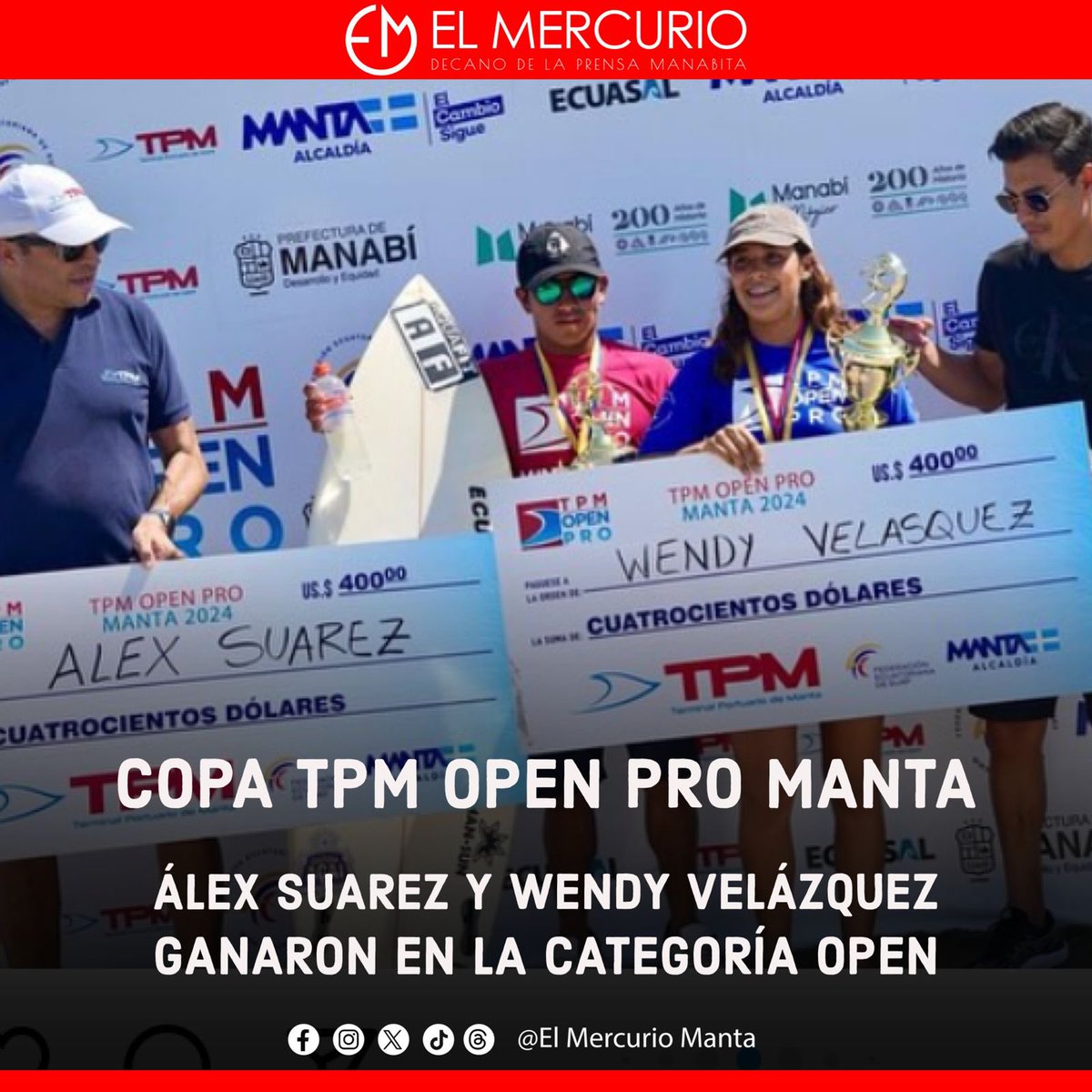elmercuriomanta's tweet photo. #Deporte | Se desarrolló el primer circuito nacional de surf en la ciudad de Manta.
#AlexSuarez y WendyVelázquez ganaron en la categoría open.
Ambos competidores son de Montañita.
#SomosMercurioSport
#DecanoDeLaPrensaManabita https://t.co/ctxgifsCCL