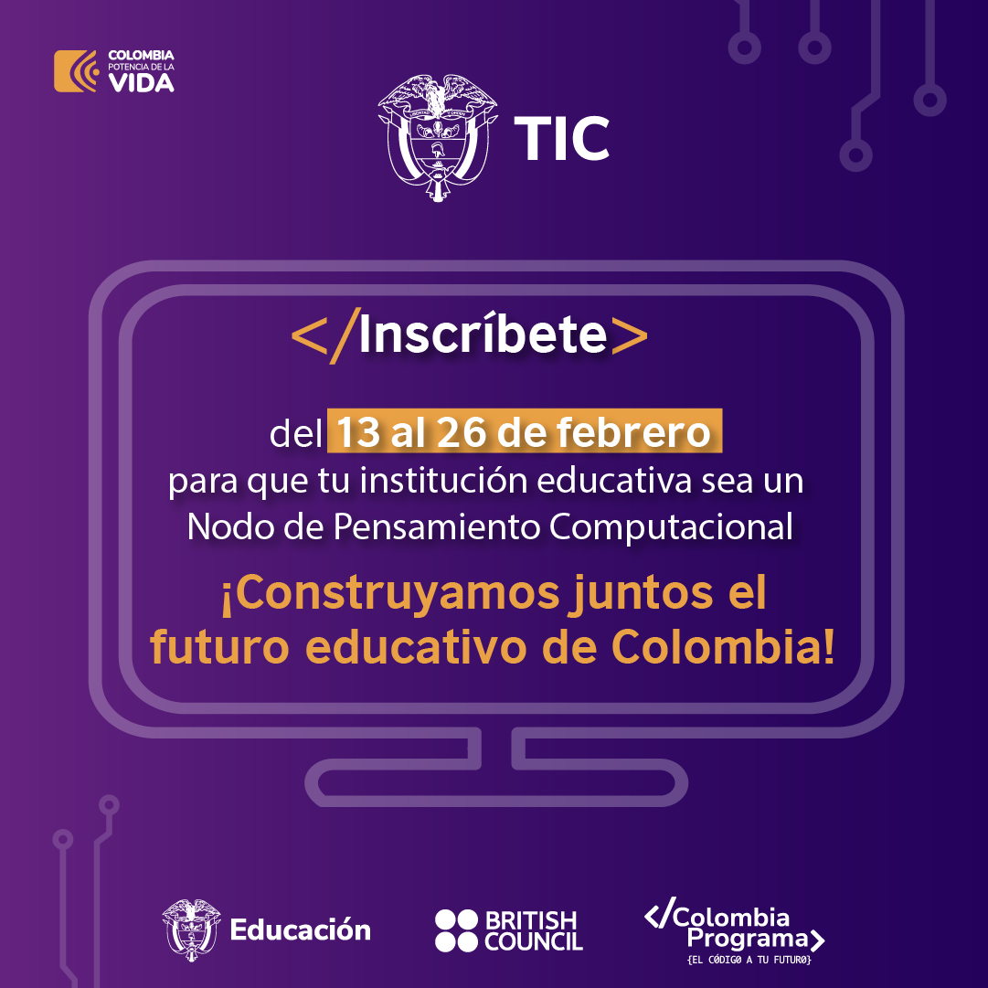 cobritish's tweet photo. ¡Directivos docentes, los esperamos! Únete al @Ministerio_TIC y al @BritishCouncil en la convocatoria del programa #Colombiaprograma. Conviértete en un Nodo de Pensamiento Computacional y lidera hacia un futuro digital. ¡Inscríbete antes del 26 de febrero! https://t.co/FMG59rv79z https://t.co/ztAxtXwCc6