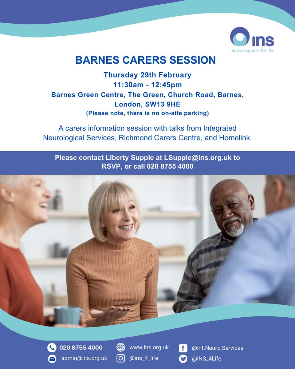 We're hosting a #carers information session from 11:30am - 12:45pm at @AgeUKRichmond Barnes Green Centre, SW13 9HE, on Thursday 29th Feb. With talks from the INS team, @RichmondCarers, and Homelink. The session is free to attend. Please RSVP to LSupple@ins.org.uk