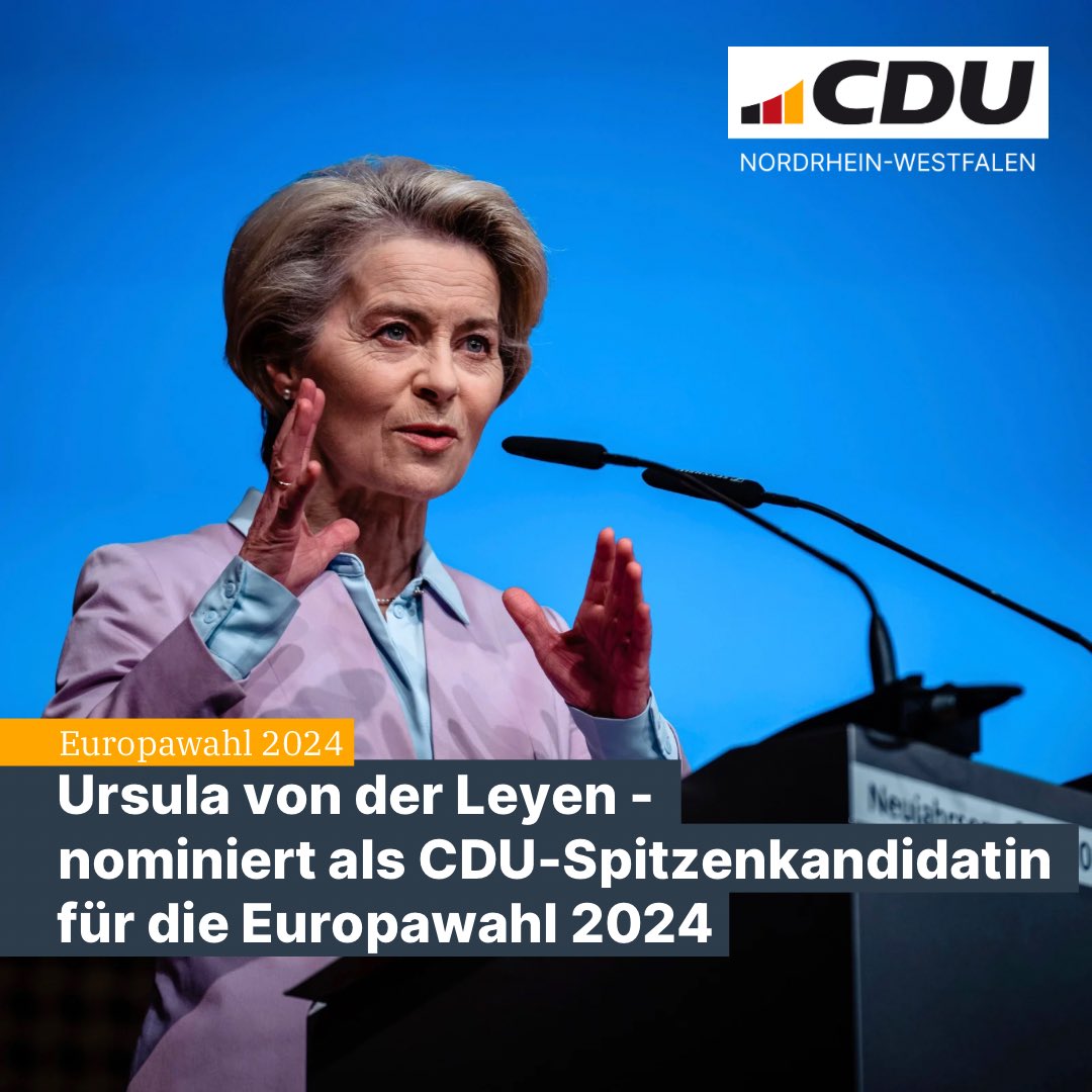 Herzlichen Glückwunsch @vonderleyen - nominierte CDU-Spitzenkandidatin für die Europawahl 2024. 🇪🇺💪 Der Bundesvorstand der @CDU Deutschlands hat heute einstimmig die Unterstützung der amtierenden EU-Kommissionspräsidentin als Spitzenkandidatin der EPP beschlossen.