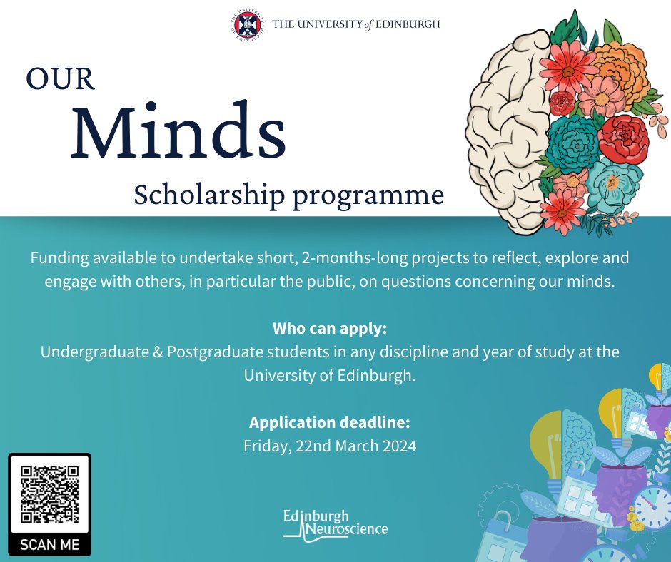 EdinUniNeuro's tweet photo. Our Minds Scholarship programme is accepting applications📣
Funding available for short projects for @EdinburghUni students in any discipline/year of study. 
Reflect, explore &amp; engage others with questions concerning our minds. 
Please spread the word👇
https://t.co/7aLU1rGQdP https://t.co/ZIl0IrpBp3