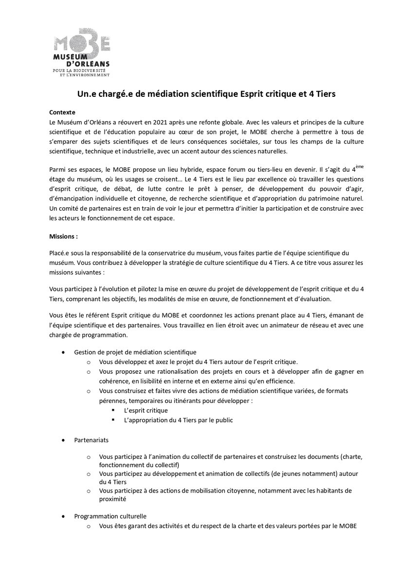 MuseumOrleans's tweet photo. 🤸☄️Une équipe dynamique vous attend au Muséum d'Orléans (MOBE). Nous recherchons deux nouveaux collègues :
📚📗Responsable #livres, Education aux Médias et à l'Information (#EMI), Documentation
🤩🤯Chargé de médiation scientifique #espritcritique et 4 Tiers
Merci des partages ! https://t.co/LRkTWZAqOj