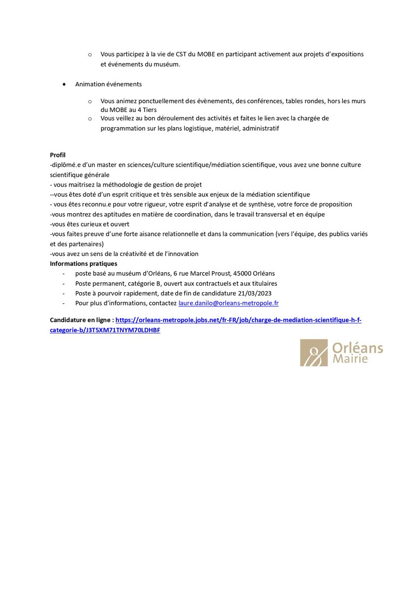 MuseumOrleans's tweet photo. 🤸☄️Une équipe dynamique vous attend au Muséum d'Orléans (MOBE). Nous recherchons deux nouveaux collègues :
📚📗Responsable #livres, Education aux Médias et à l'Information (#EMI), Documentation
🤩🤯Chargé de médiation scientifique #espritcritique et 4 Tiers
Merci des partages ! https://t.co/LRkTWZAqOj