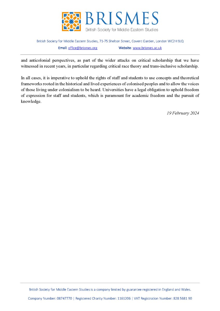 📢BRISMES has published a statement in response to a worrying new trend of attacks on #decolonial and #anticolonial scholarship and perspectives in relation to analyses of the situation in #Israel-#Palestine. Read the statement: bit.ly/brismes-statem… 1/7