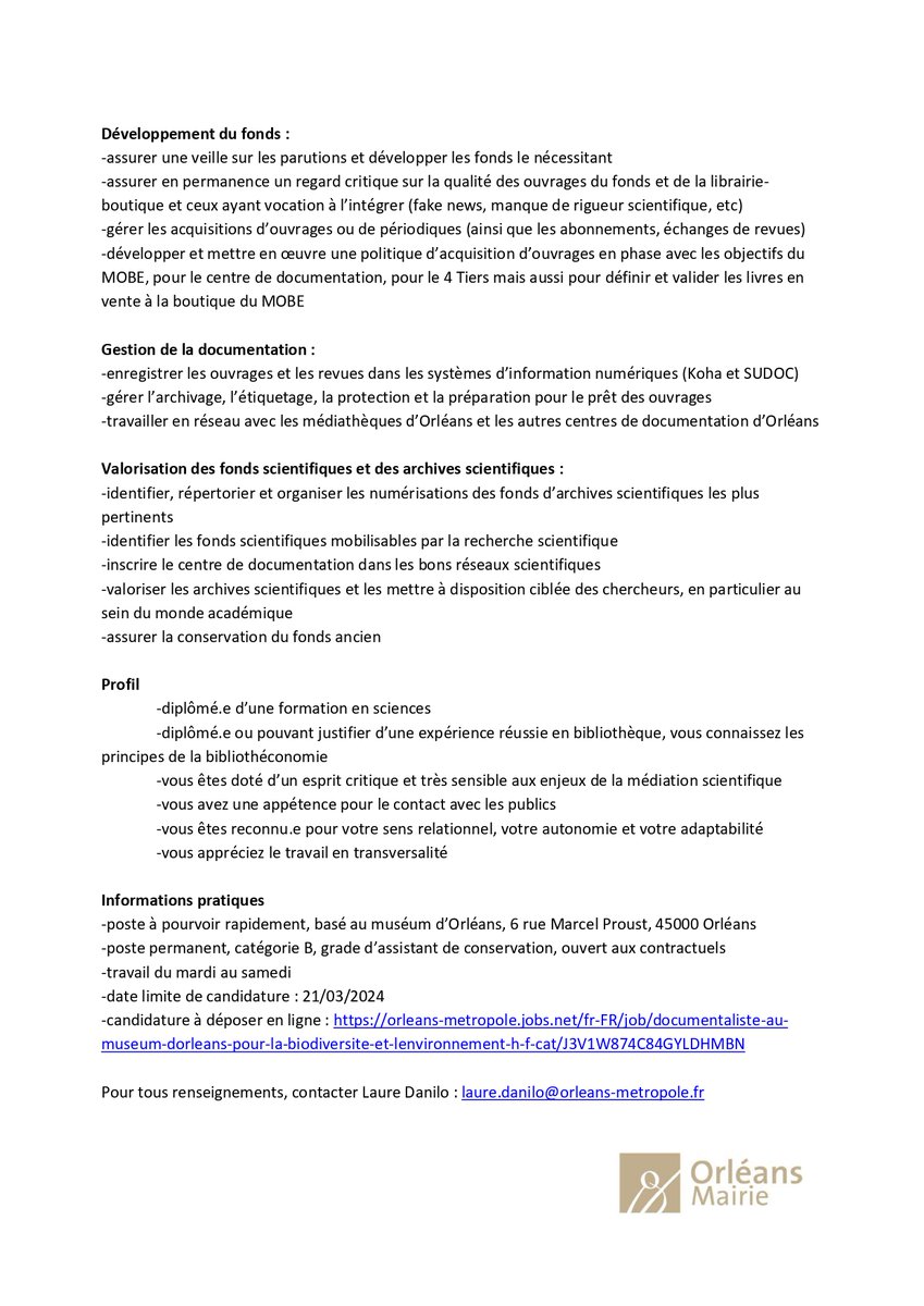 🤸☄️Une équipe dynamique vous attend au Muséum d'Orléans (MOBE). Nous recherchons deux nouveaux collègues :
📚📗Responsable #livres, Education aux Médias et à l'Information (#EMI), Documentation
🤩🤯Chargé de médiation scientifique #espritcritique et 4 Tiers
Merci des partages !