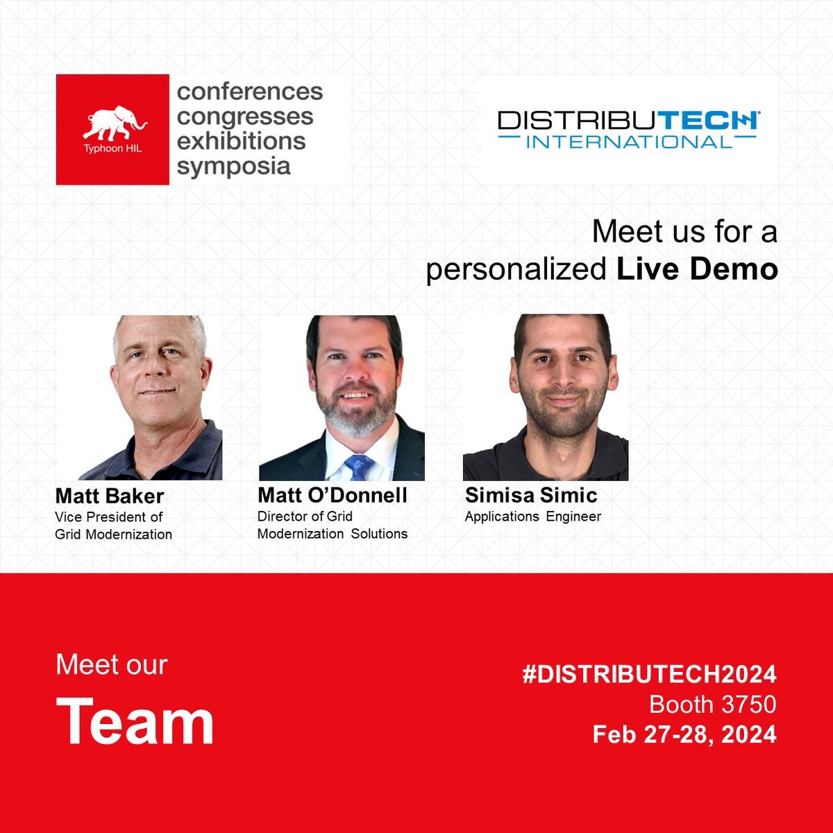 TyphoonHIL's tweet photo. Meet us at @DISTRIBUTECH Expo in Orlando, FL on Feb 26-29! Our team will be at booth 3750, featuring two booth demonstrations planned at 10 AM and 3 PM on February 27th and 28th. #DISTRIBUTECH2024 #GridModernization #PowerElectronics #EnergyTransformation #EnergyDigitalization https://t.co/zBSbTriFIz