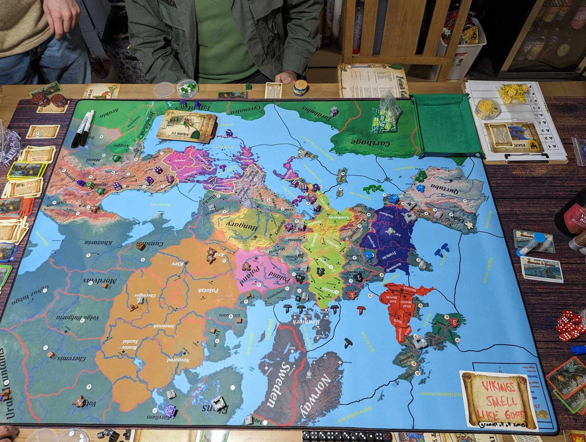 Long weekends are made for long games!!  Gathered 7 players for an all day game of Swords &amp; Sails (by Jason Williams at VR-Soft).  After 6.5 hrs of alliance made...alliances broken...and much mayhem the Kievan Rus and their angry peasant armies took the crown!
#boardgames