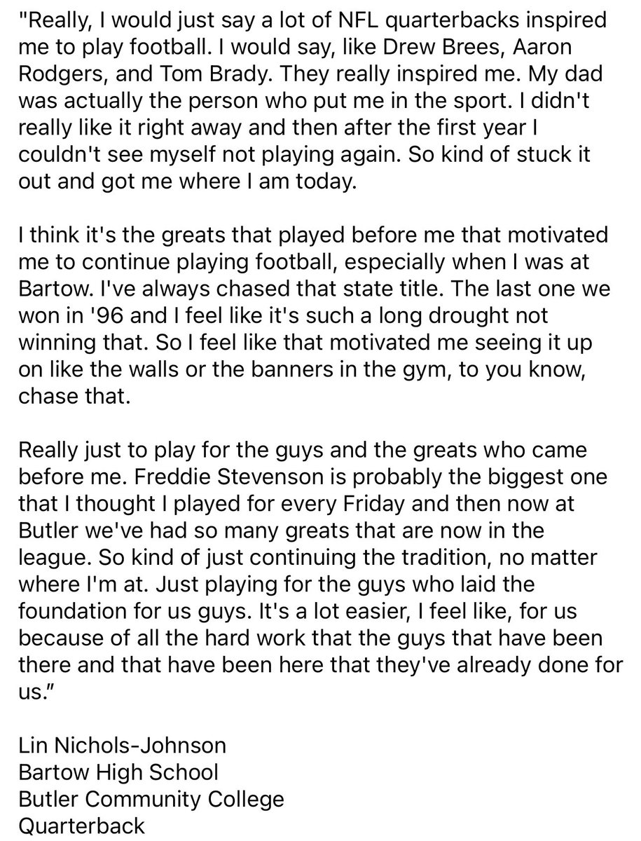 “I think it's the greats that played before me that motivated me to continue playing football… It's a lot easier, I feel like, for us because of all the hard work that the guys that have been there and that have been here that they've already done for us.”