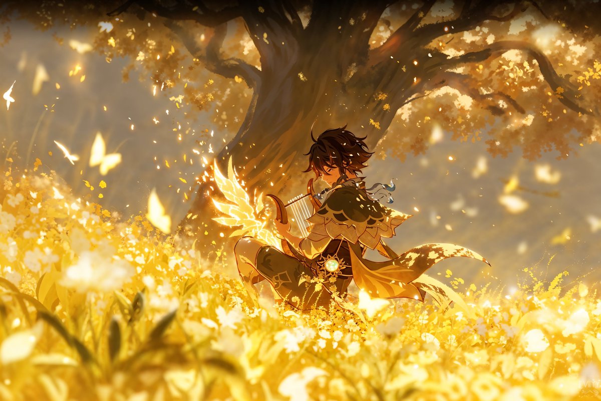 Venti from Genshin Impact sitting under an autum tree and playing his lyre so well, his instrument has grown a wing