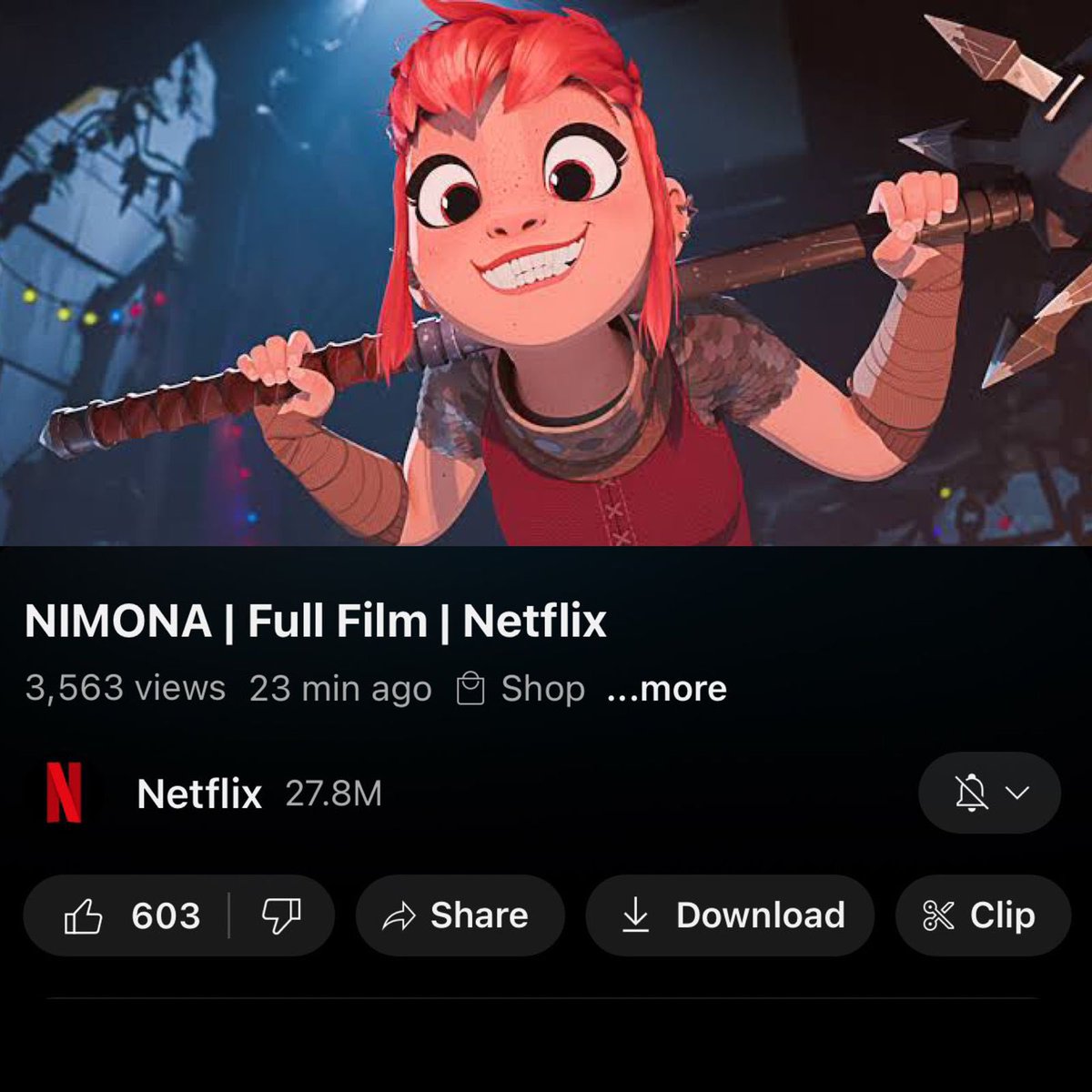 GabyMeza8's tweet photo. ¡GRATIS PARA TODOS! 💥 #Netflix compartió a través de su canal de #YouTube de manera gratuita la película de #Nimona, cinta nominada a los #Oscars a MEJOR PELÍCULA ANIMADA 🎬 https://t.co/XV0wJHCONl