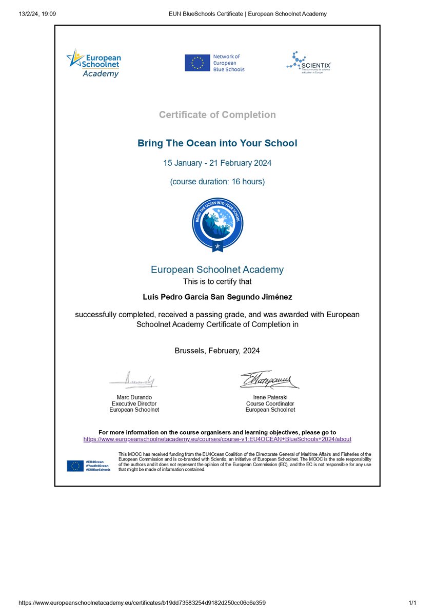 BiotecnoProfe's tweet image. Thrilled to complete the &quot;ʙʀɪɴɢ ᴛʜᴇ ᴏᴄᴇᴀɴ ɪɴᴛᴏ ʏᴏᴜʀ sᴄʜᴏᴏʟ ᴍᴏᴏᴄ&quot;! 🌊🎓

Ready to bring ocean literacy and innovative teaching methods to my classroom. 📚💙

#EU4OceanMOOC #EducatorsForChange #SCIENTIX @scientix_es @scientix_eu @eu_schoolnet @EU4OceanObs
