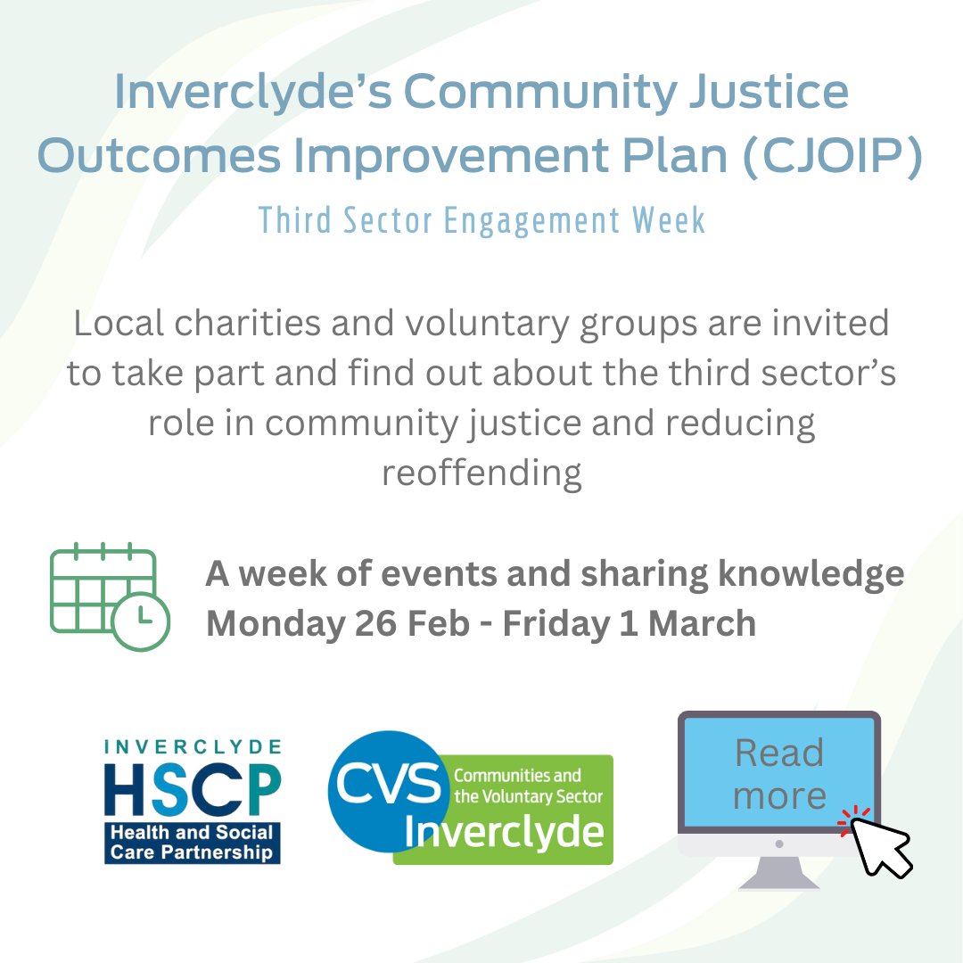Charities & voluntary groups in Inverclyde have a crucial role to play in reducing reoffending and supporting people back into communities. Third sector groups can share their views on Inverclyde’s Community Justice Outcomes Improvement Plan. Read more: cvsinverclyde.org.uk/inverclyde-com…