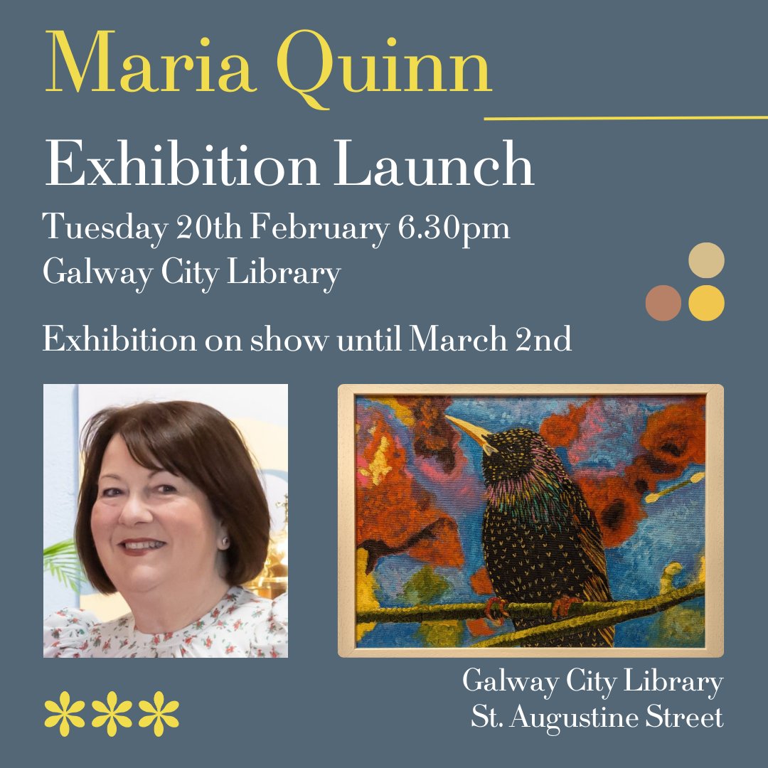 LibrariesGalway's tweet image. @GalwayCityLib is delighted to host artist Maria Quinn’s new exhibition which will be launched on Tues 20th February at 6:30pm. All are welcome. Maria’s exhibition will be on display until Saturday 2nd March.
#ArtAtTheLibrary #ExhibitionLaunch #LaunchEvent #atthelibrary