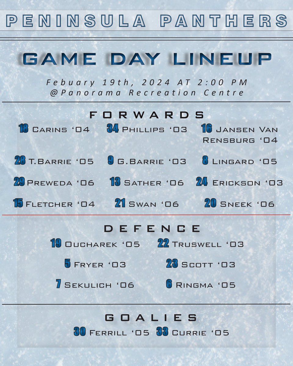 ppanthersvijhl's tweet photo. ๐จ๐จGame Day๐จ๐จ
Family day 3rd jersey game starts at 2:00pm sharp down at the @Panorama_Rec as the boys welcome the @CR_STORM! Be sure to have your @PMHAEagles jersey's on! #ppants #vijhl https://t.co/nCnN5GnIf3