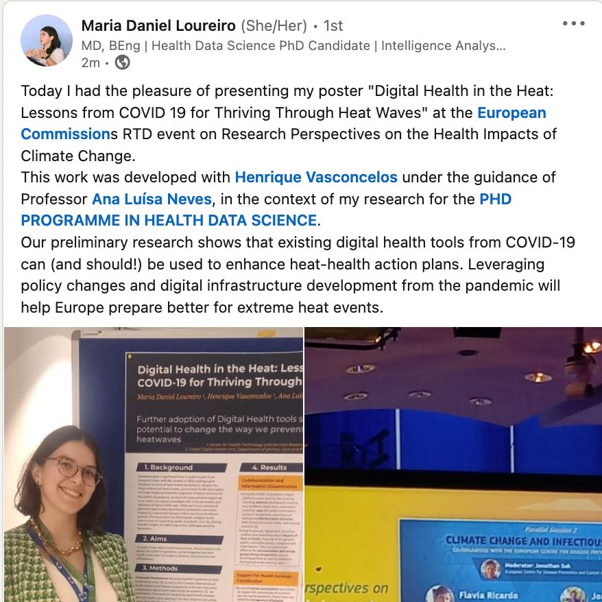 Congratulations to Maria Daniel Loureiro on presenting her work at the @EU_Commission RTD Event! Maria's PhD focuses on the role of technologies in addressing environmental challenges & enhancing public health resilience. tinyurl.com/5n4zmtuw