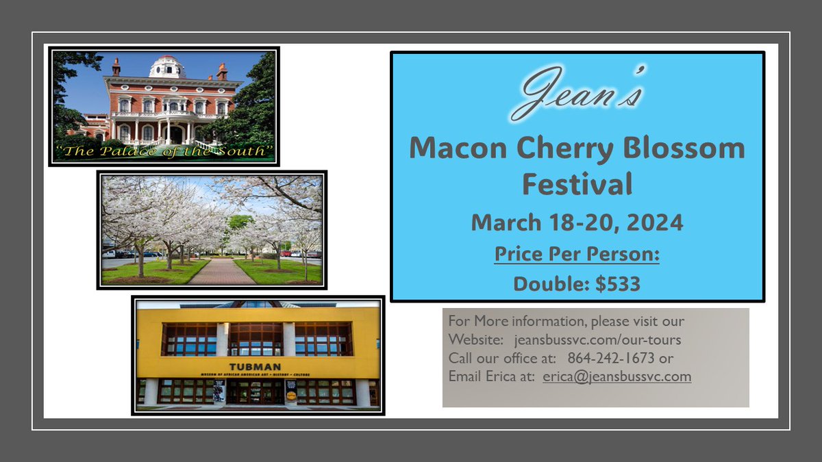 For more info visit our website at jeansbussvc.com/our-tours
Call our office 864-242-1673
Or email Erica at erica@jeansbussvc.com
#ridewithjeans #Travel #Vacation #MaconGA