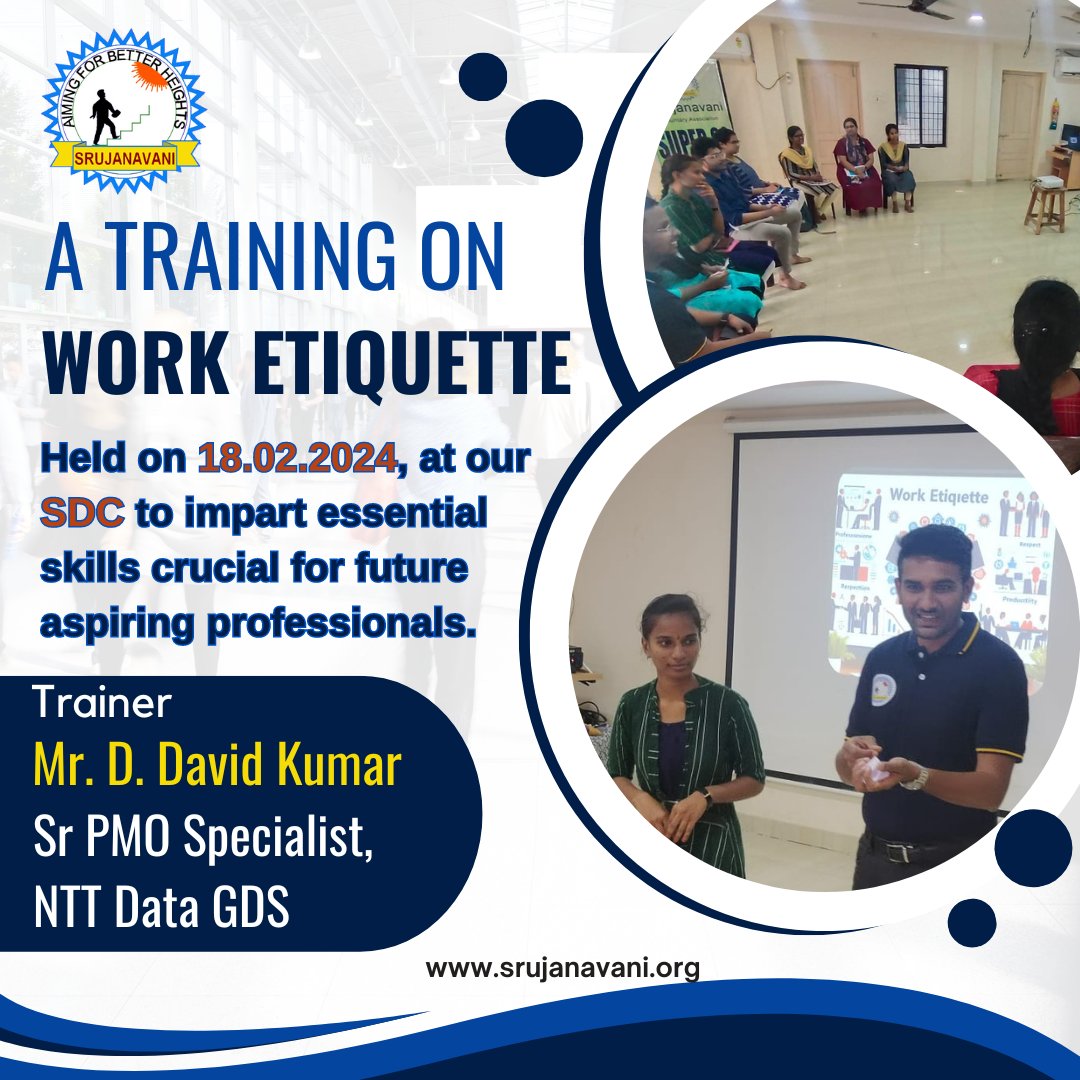 Srujanavani_NGO's tweet photo. A training program was held on 18.02.2024 at our Skill Development Centre, Vaddadhi on Work etiquette.

#education #training #studentsdevelopment #Srujanavani https://t.co/7qdkXqqfzw