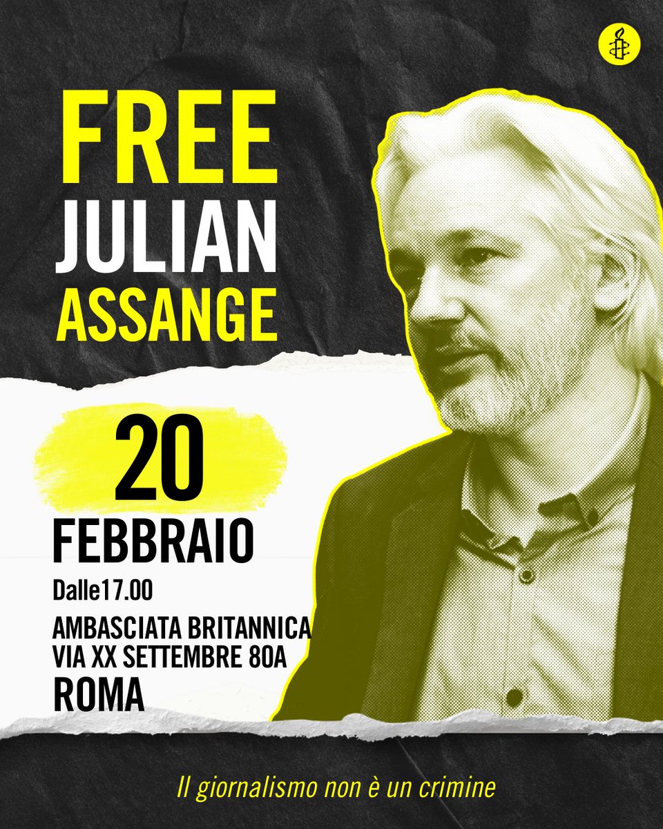 amnestyitalia's tweet photo. Domani alle 17.00, presidio nei pressi dell'Ambasciata Britannica per chiedere ancora una volta di non estradare #JulianAssange. Il giornalismo non è un crimine! https://t.co/kw2CP2MQ7i