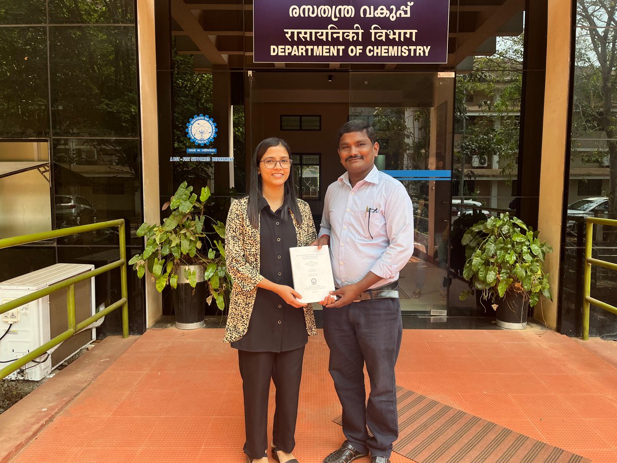 Department of Chemistry NIT Calicut (@chynitcofficial) on Twitter photo Athulyadas (Roll No. P170063CY), a student of the Department of Chemistry has successfully completed her Ph.D. thesis entitled ''Porphyrin and non-porphyrinato complexes of late transition metals for biological applications" on 19/02/2024 at NIT Calicut
<a href="/nitcofficial/">NIT Calicut Official</a> <a href="/MSankar86/">Sankaralingam M</a> Athulyadas (Roll No. P170063CY), a student of the Department of Chemistry has successfully completed her Ph.D. thesis entitled ''Porphyrin and non-porphyrinato complexes of late transition metals for biological applications" on 19/02/2024 at NIT Calicut
<a href="/nitcofficial/">NIT Calicut Official</a> <a href="/MSankar86/">Sankaralingam M</a>