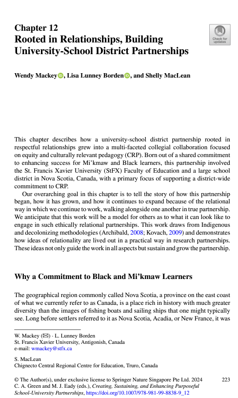 WendyMackey's tweet photo. Excited about Newest Publication with Dr. Lisa Lunney Borden
@LLB_315 and Ms. Shelly MacLean @x2003wtm
Rooted in Relationships, Building University-School District Partnerships https://t.co/9UZAkbl3KC https://t.co/qhHyh2DmYo